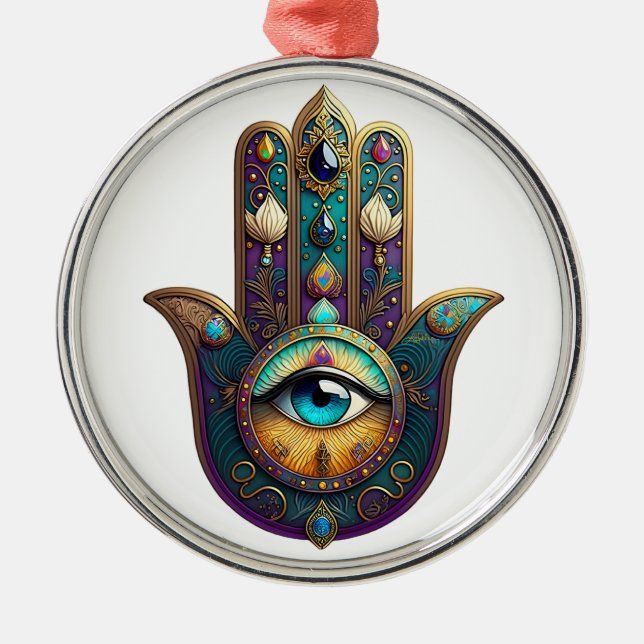 Gold Violet Teal Hamsa w/ Turquoise Third Eye Metal Ornament (Front)