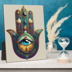 Gold Violet Teal Hamsa w/ Turquoise Third Eye Plaque
