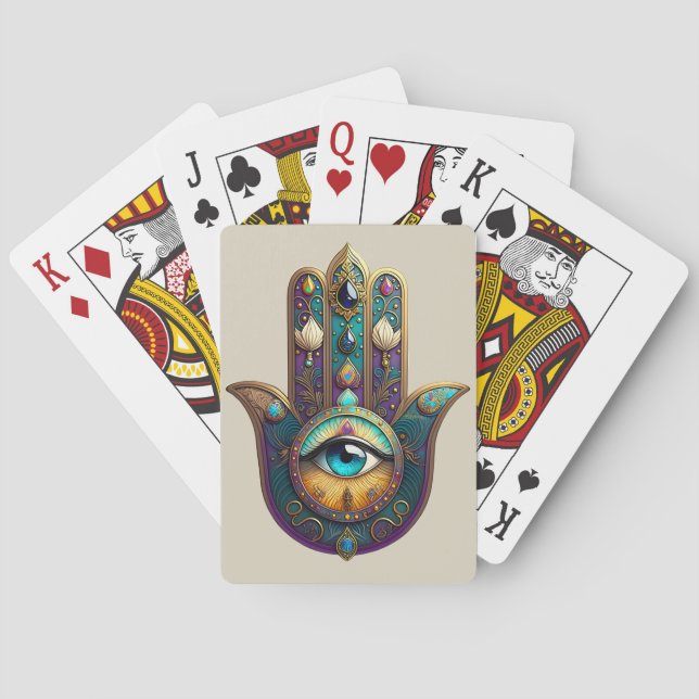 Gold Violet Teal Hamsa w/ Turquoise Third Eye Playing Cards (Back)