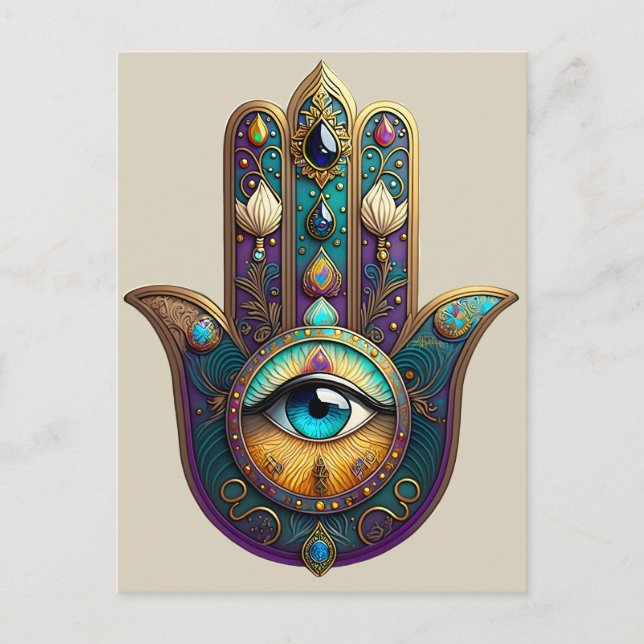 Gold Violet Teal Hamsa w/ Turquoise Third Eye Postcard (Front)