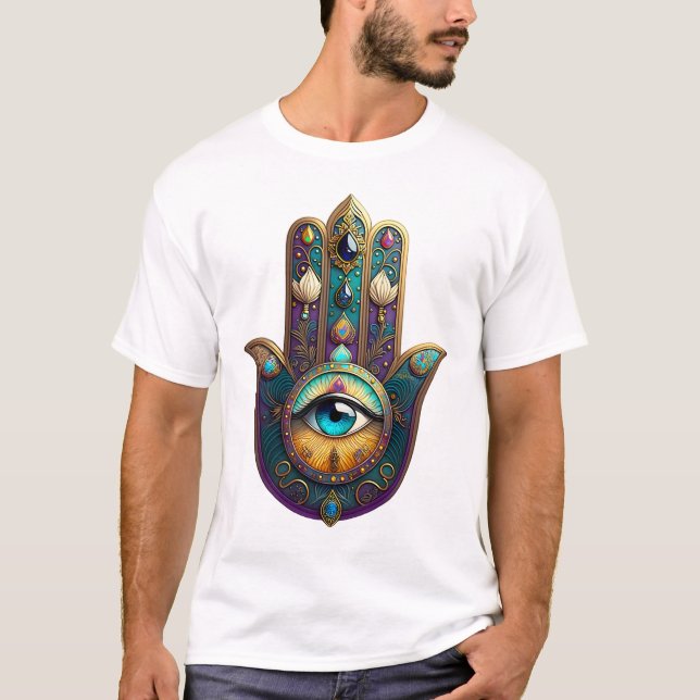 Gold Violet Teal Hamsa w/ Turquoise Third Eye T-Shirt (Front)