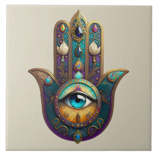Gold Violet Teal Hamsa w/ Turquoise Third Eye Tile