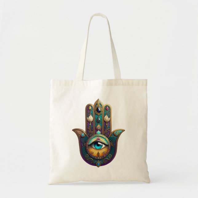 Gold Violet Teal Hamsa w/ Turquoise Third Eye Tote Bag (Front)