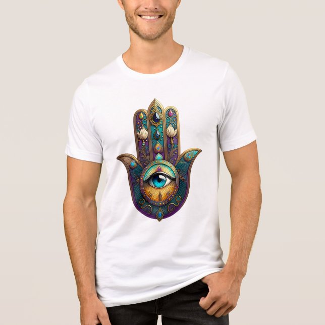 Gold Violet Teal Hamsa w/ Turquoise Third Eye Tri-Blend Shirt (Front)
