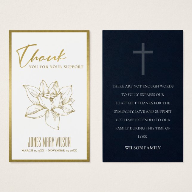 GOLD WATER LILY SYMPATHY MEMORIAL THANK YOU CARD (Front & Back)