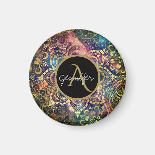 Gold watercolor and nebula floral mandala magnet