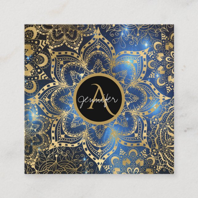 Gold watercolor and nebula mandala Blue Square Business Card (Front)