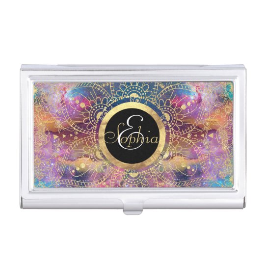 Gold watercolor and nebula mandala business card holder