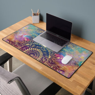 Gold watercolor and nebula mandala  desk mat