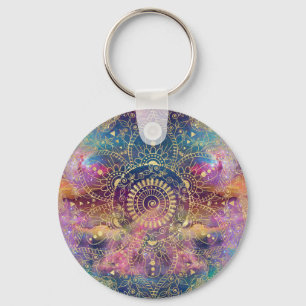 Gold watercolor and nebula mandala keychain
