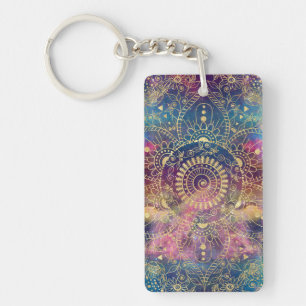 Gold watercolor and nebula mandala keychain