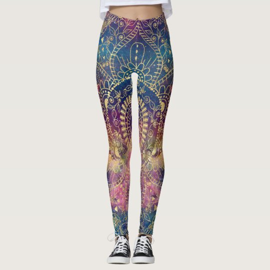 Gold watercolor and nebula mandala leggings