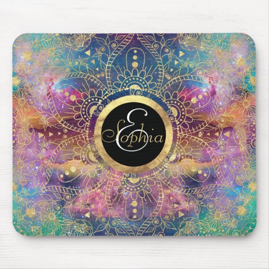 Gold watercolor and nebula mandala mouse pad
