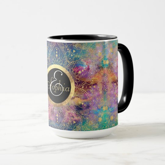 Gold watercolor and nebula mandala mug