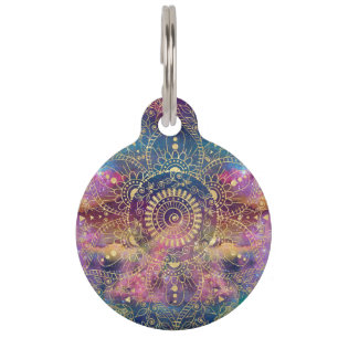Gold watercolor and nebula mandala pet tag