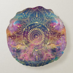 Gold watercolor and nebula mandala round pillow