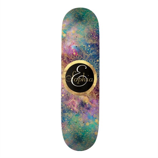 Gold watercolor and nebula mandala skateboard decks