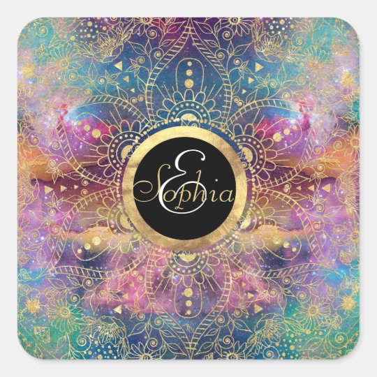 Gold watercolor and nebula mandala square sticker