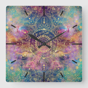 Gold watercolor and nebula mandala square wall clock
