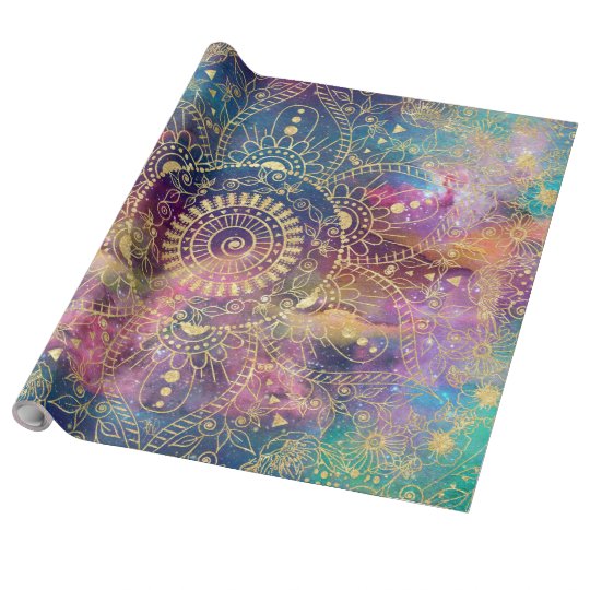 Gold watercolor and nebula mandala wrapping paper