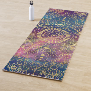 Gold watercolor and nebula mandala yoga mat