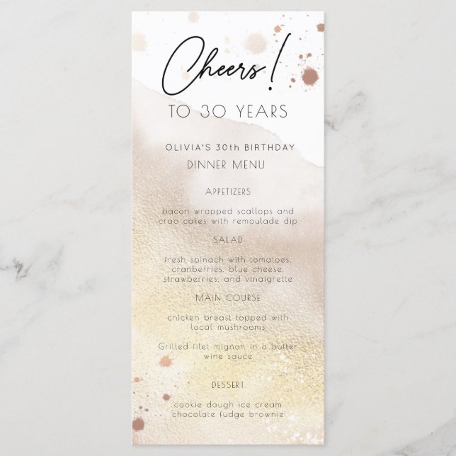 Gold Watercolor any year Birthday Party Menu Card (Front)