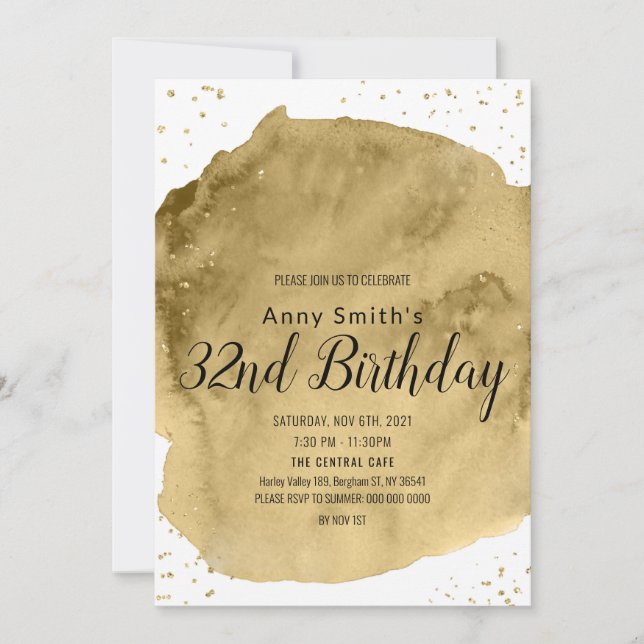 Gold watercolor brush stroke on white invitation (Front)