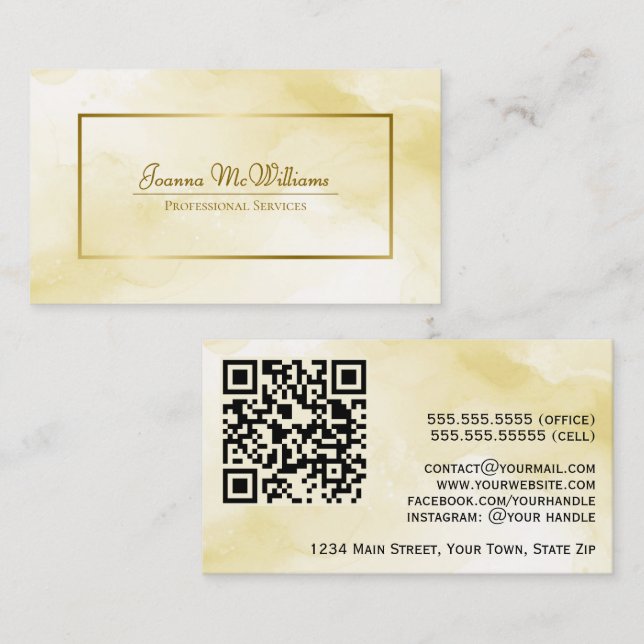 Gold Watercolor Clouds Chic Professional QR Code Business Card (Front/Back)