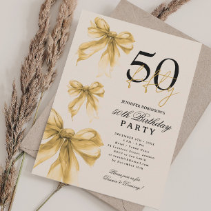 Gold Watercolor Coquette Bow 50th Birthday Beige Invitation