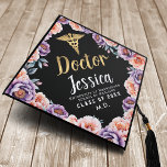 Gold Watercolor Floral Doctor MD Medical Graduation Cap Topper<br><div class="desc">Elevate your grad style! Celebrate your journey with this stunning graduation cap featuring watercolor orange & purple peonies, "Doctor" in golden lettering, and a sleek black background. Perfect for showcasing your passion and hard work. Note that the gold on this cap is NOT printed with real foil and are printed...</div>
