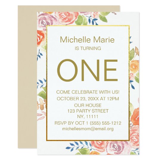 Gold Watercolor Floral First Birthday Card