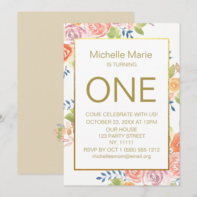 Gold Watercolor Floral First Birthday Invitation (Front/Back)