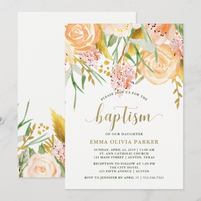 Gold Watercolor Floral on White | Baptism Invitation (Front/Back)