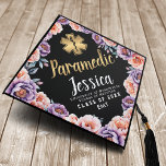 Gold Watercolor Floral Paramedic EMT Medical Graduation Cap Topper<br><div class="desc">Elevate your grad style! Celebrate your journey with this stunning graduation cap featuring watercolor orange & purple peonies, "Paramedic" in golden lettering, and a sleek black background. Perfect for showcasing your passion and hard work. Note that the gold on this cap is NOT printed with real foil and are printed...</div>