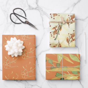 Gold Watercolor Foliage and Berries Assorted Wrapping Paper Sheet