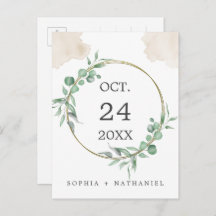Gold Watercolor Greenery Save the Date Postcard