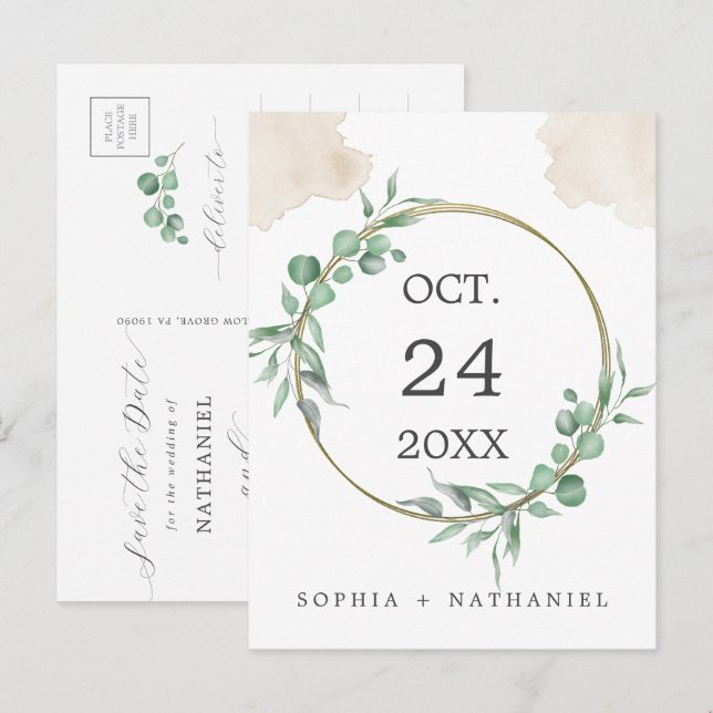 Gold Watercolor Greenery Save the Date Postcard (Front/Back)
