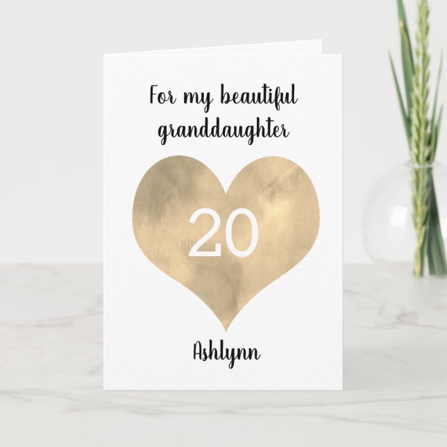 Gold Watercolor Heart 20th Birthday Card (Front)