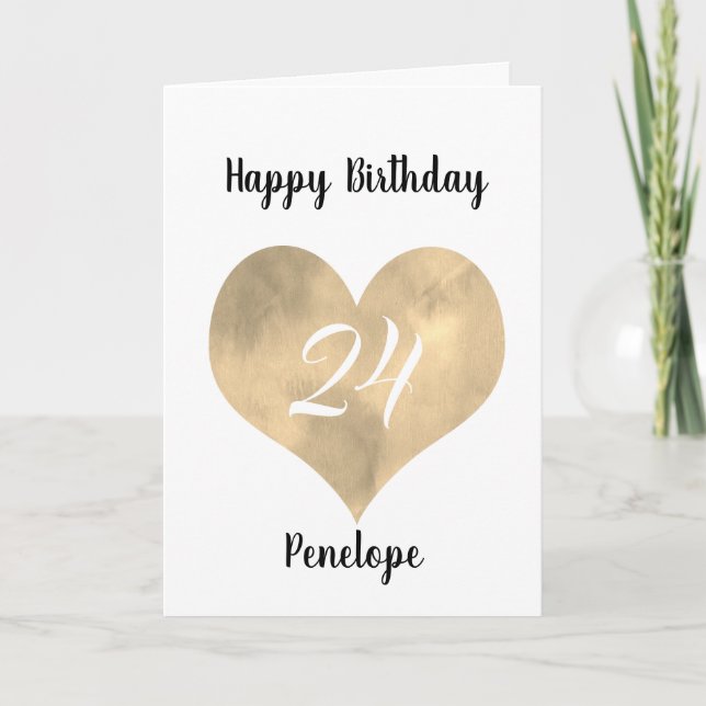 Gold Watercolor Heart 24th Birthday  Card (Front)