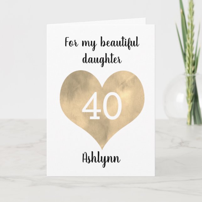 Gold Watercolor Heart 40th Birthday Card (Front)