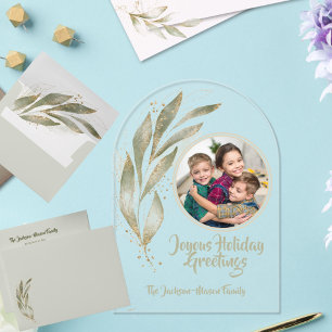 Gold Watercolor Leaves Joyous Holiday Acrylic Card Invitations