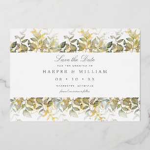 Gold watercolor leaves save the date postcard