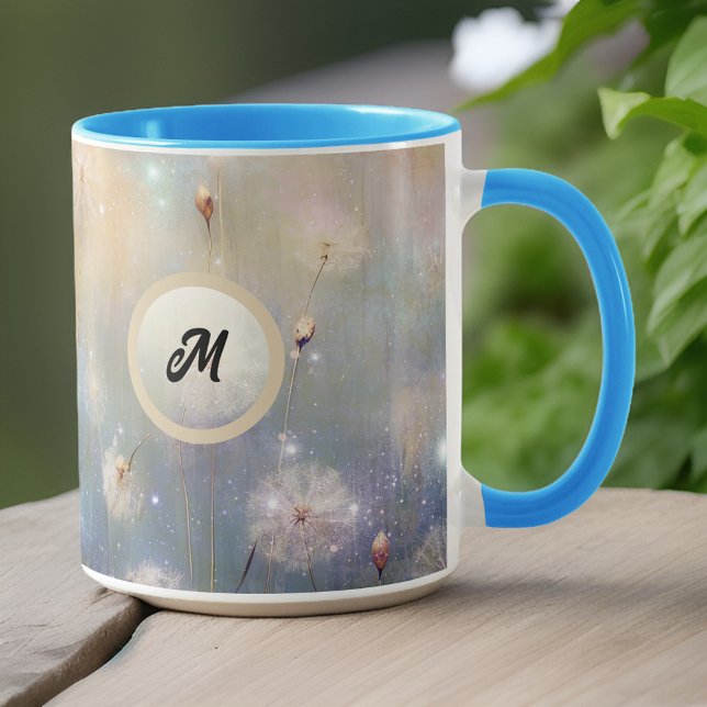 Gold Watercolor Look Dandelions Initial Monogram Mug (Creator Uploaded)