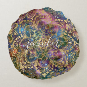 Gold Watercolor Nebula Gold Mandala Custom Name Round Pillow