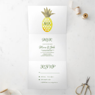 Gold Watercolor Pineapple Pinas Tropic Wedding Tri-Fold Invitation