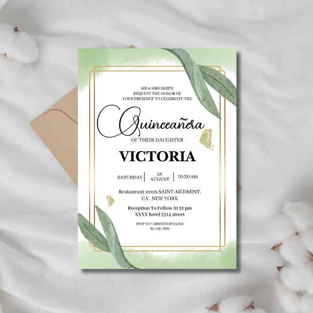 gold Watercolor Sage green butterfly Quinceanera Invitation (Creator Uploaded)