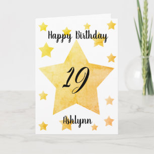 Gold Watercolor Stars Happy 19th Birthday Card