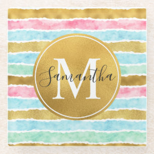 Gold Watercolor Stripes Monogram Glass Coaster