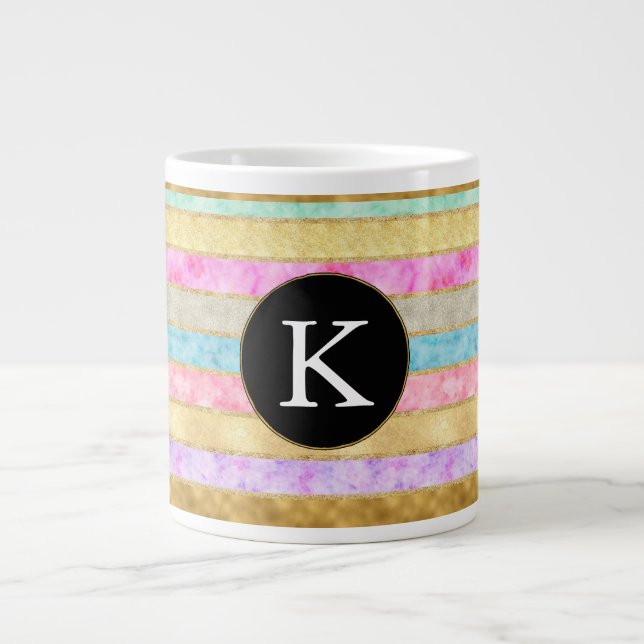 Gold Watercolor Stripes Monogram Large Coffee Mug (Front)