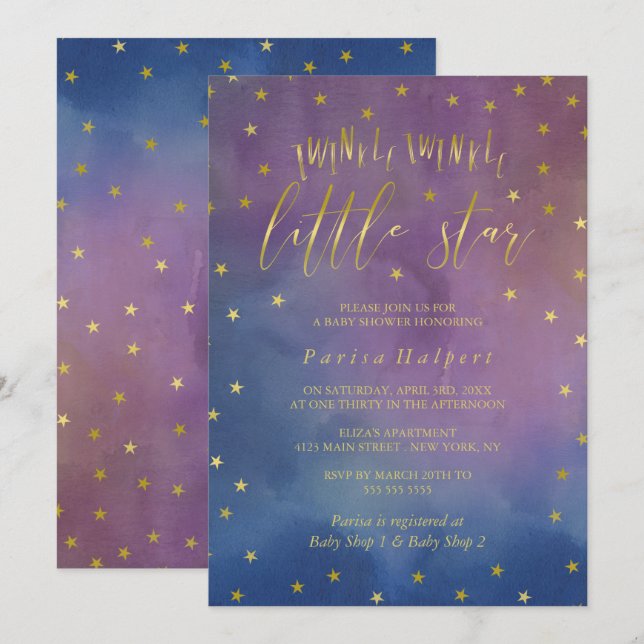 Gold & Watercolor Twinkle Little Star Baby Shower Invitation (Front/Back)